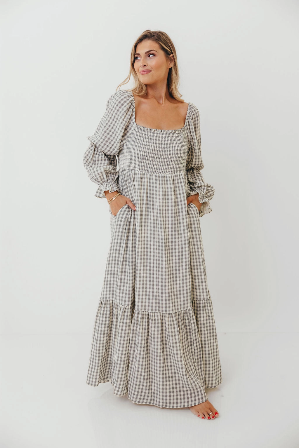 Sleek Silhouette Emerson 100% Cotton Smocked Maxi Dress with Long Sleeves in Gray Sky - Bump Friendly - Restocking in Nov