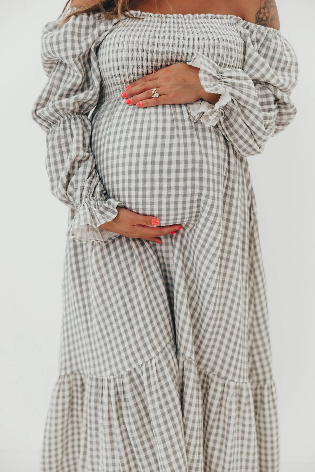 Emerson 100% Cotton Smocked Maxi Dress with Long Sleeves in Gray Sky - Bump Friendly - Restocking in Nov Open Back