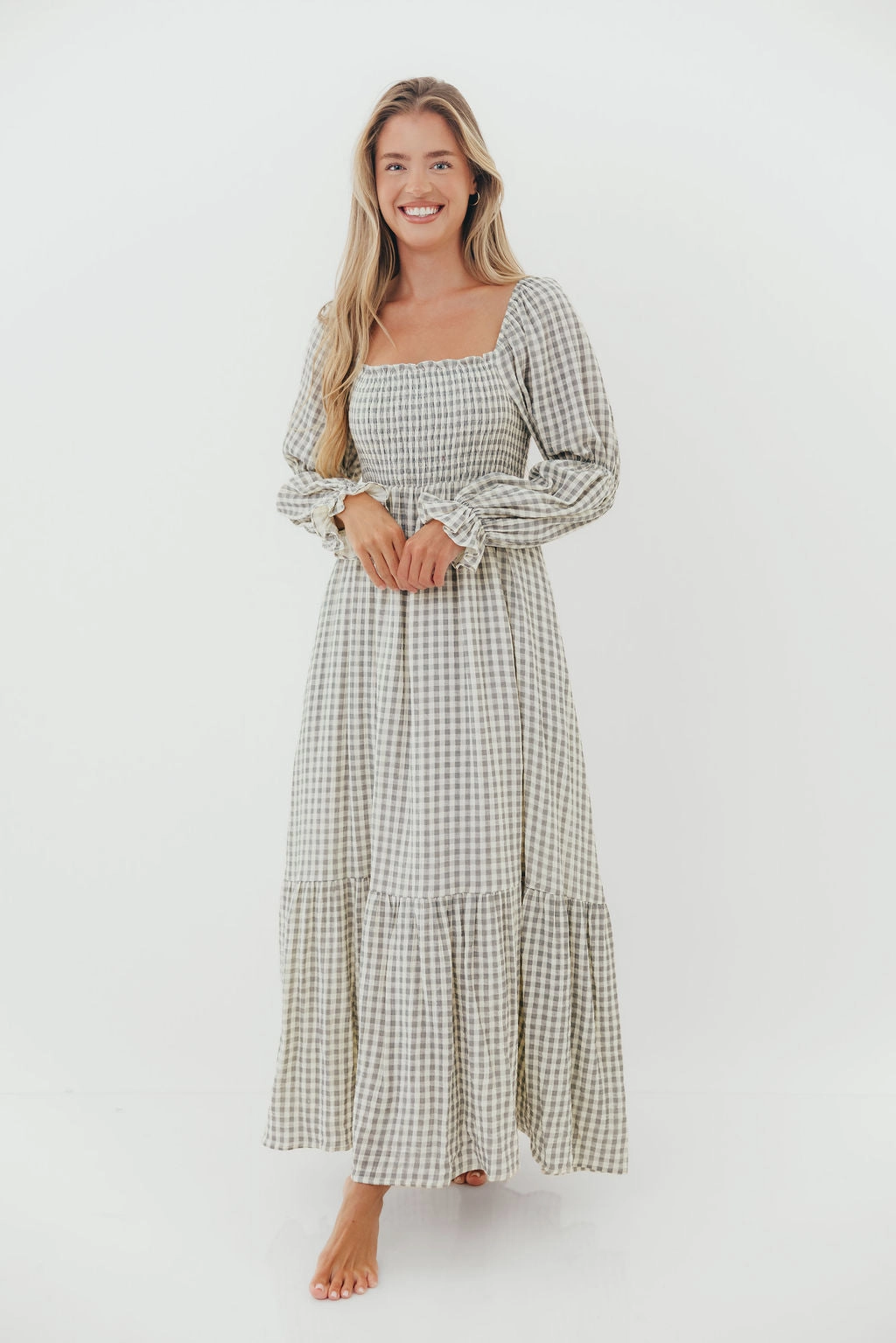 Emerson 100% Cotton Smocked Maxi Dress with Long Sleeves in Gray Sky - Bump Friendly - Restocking in Nov Smart and Chic
