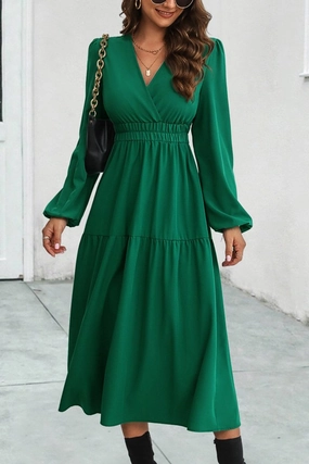Slim Shape Joyful Look WOMEN ELASTIC WAIST V NECK LONG SLEEVE MAXI DRESS