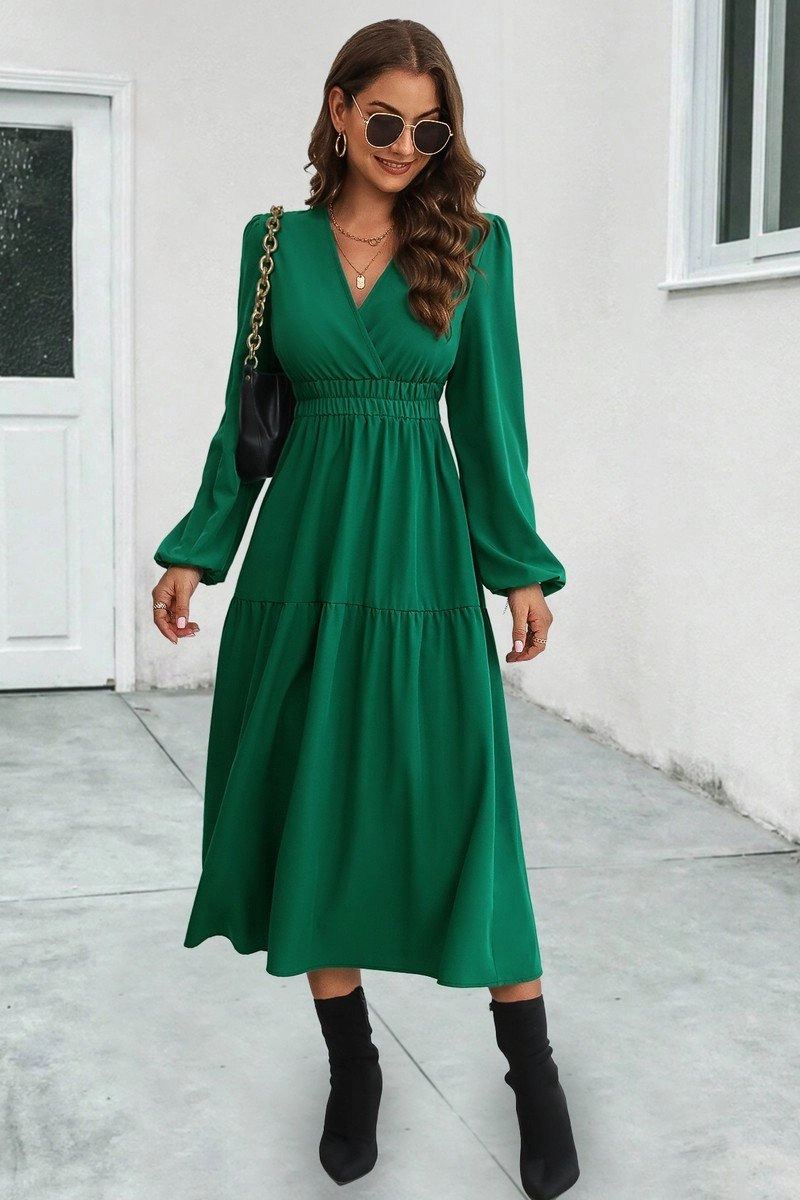 Maximalist-Trend Fit Easy WOMEN ELASTIC WAIST V NECK LONG SLEEVE MAXI DRESS