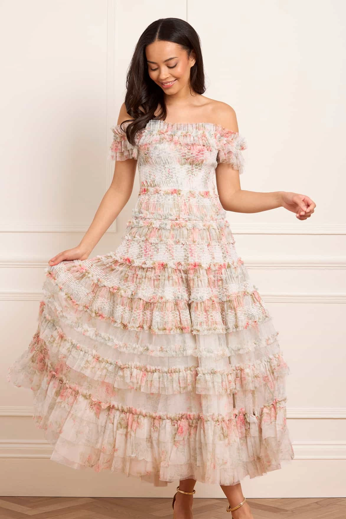 Sleek And Stylish Form Fit Madame Rose Elodie Off-Shoulder Ankle Gown