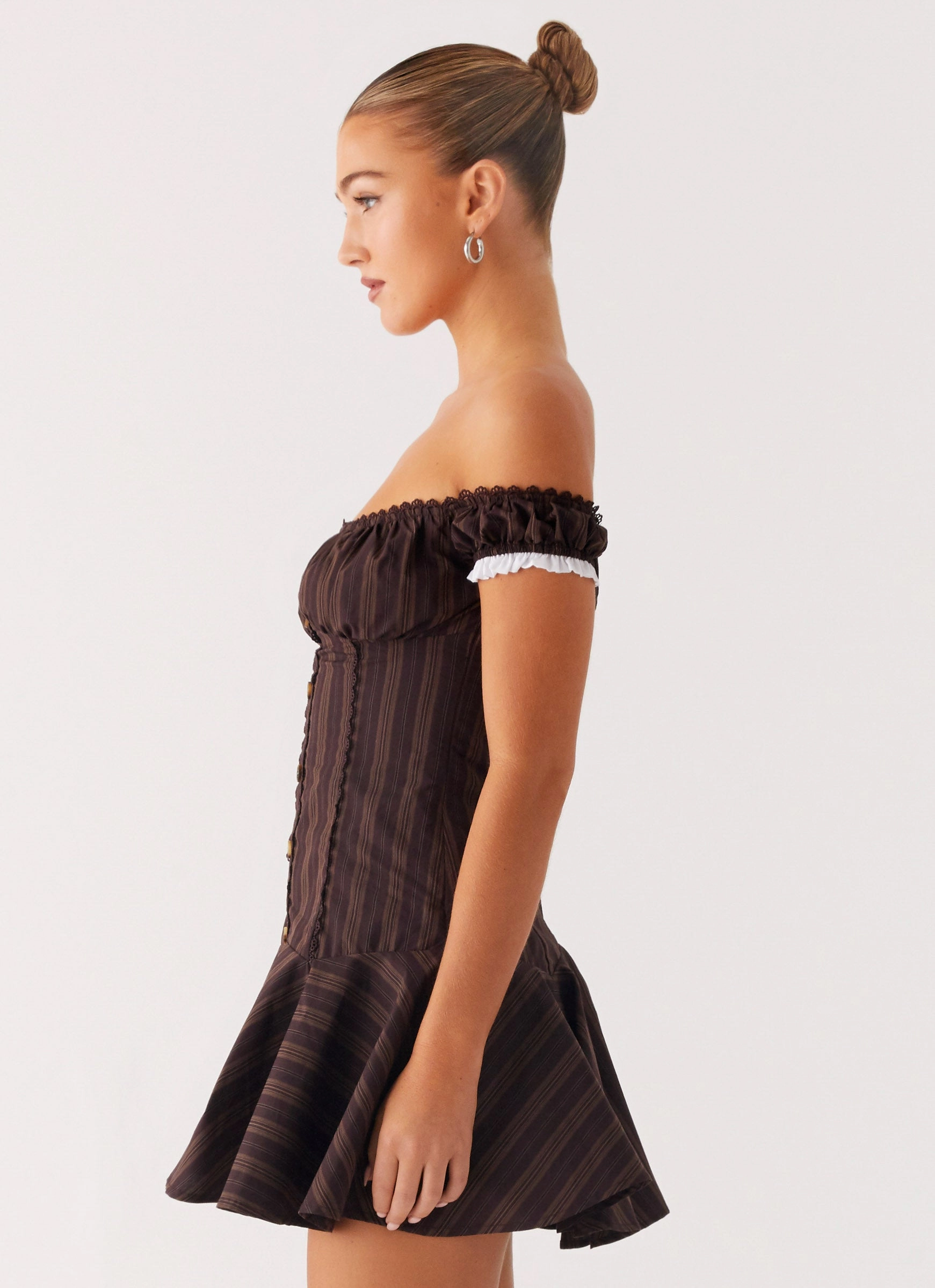 Sharp Profile Jumana Off Shoulder Mini Dress - Toffee Stripe