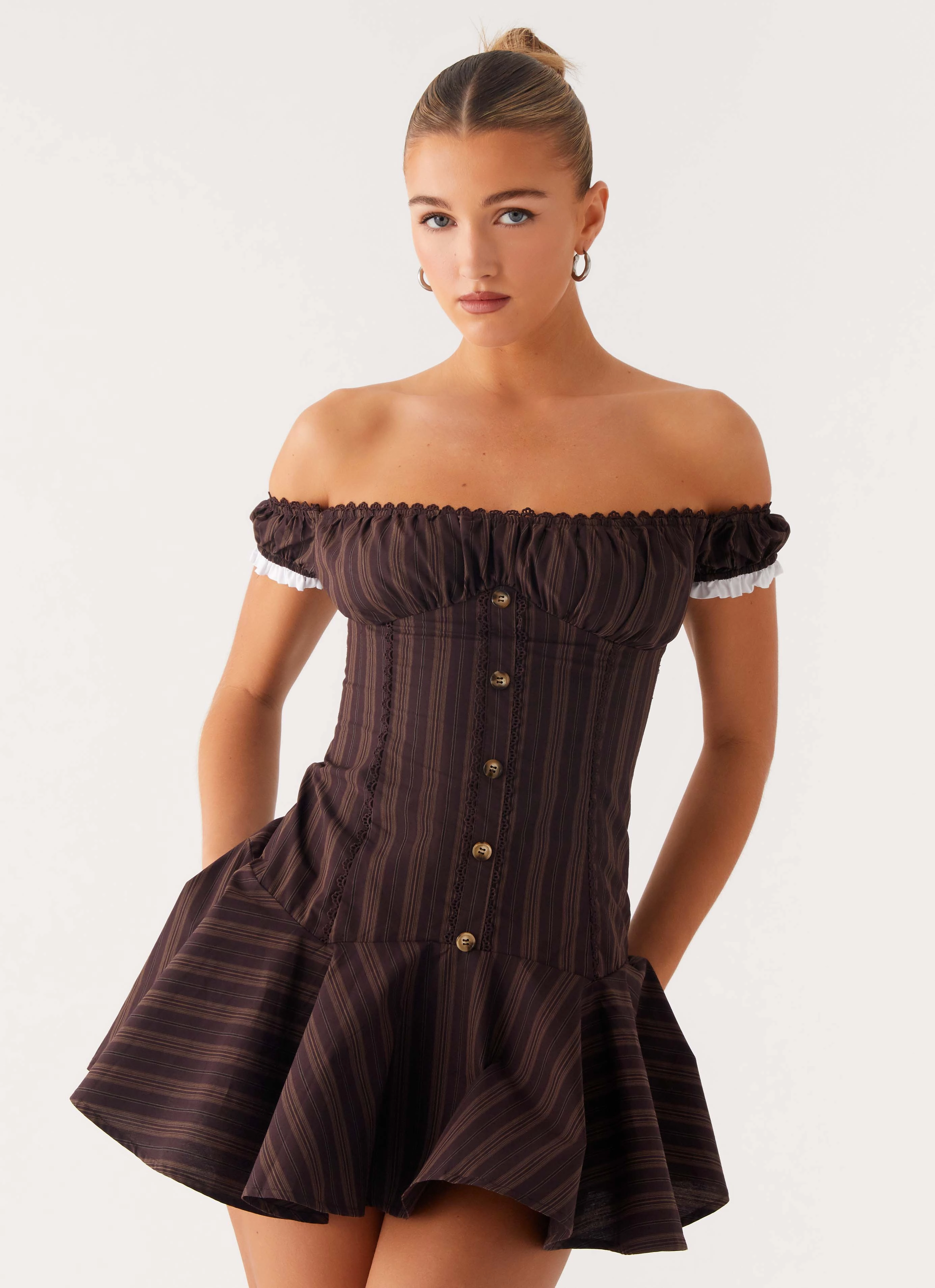 Lightweight Feel Clean Tone Jumana Off Shoulder Mini Dress - Toffee Stripe