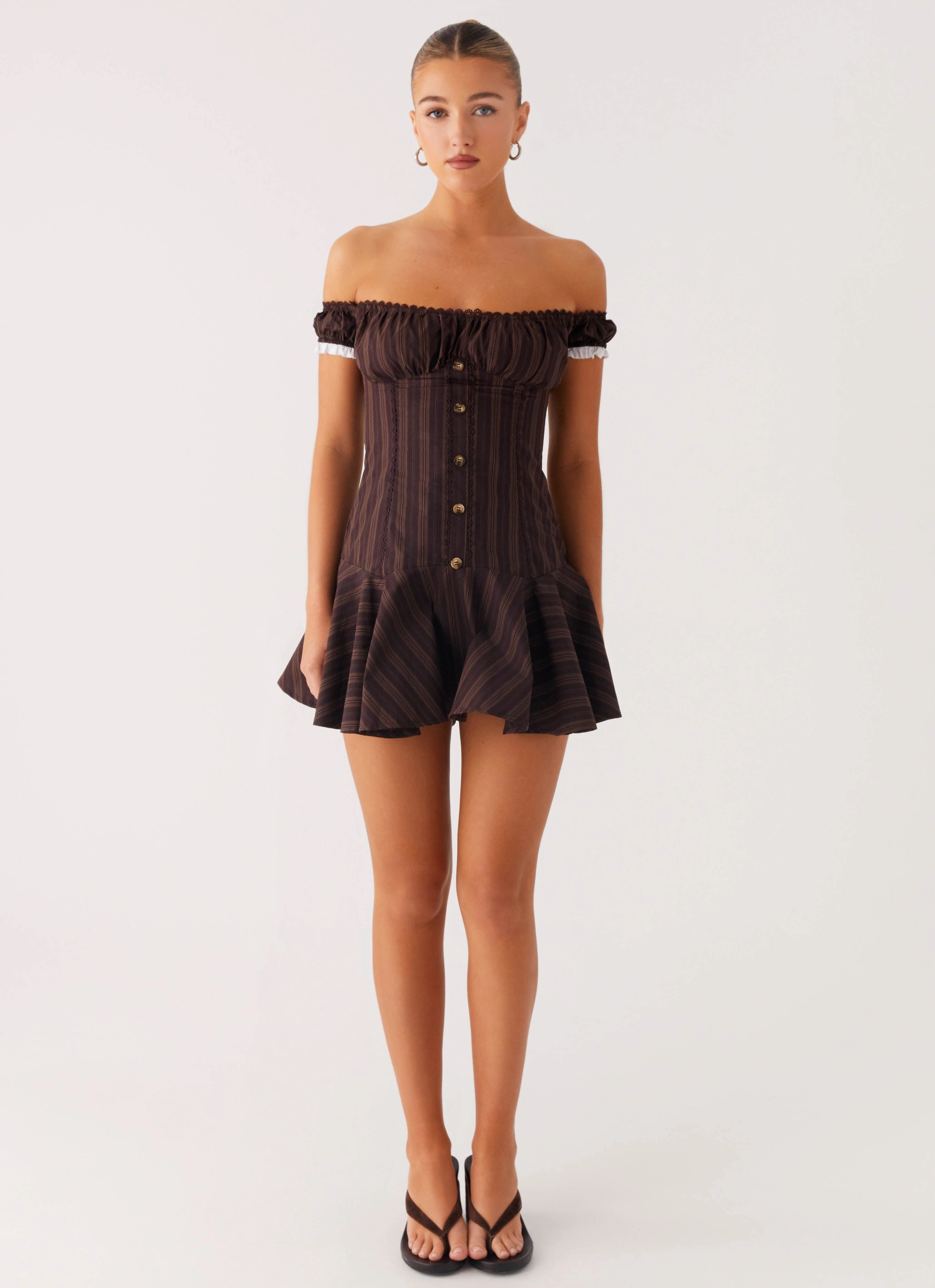 Jumana Off Shoulder Mini Dress - Toffee Stripe Silky-Lining Neutral Feel