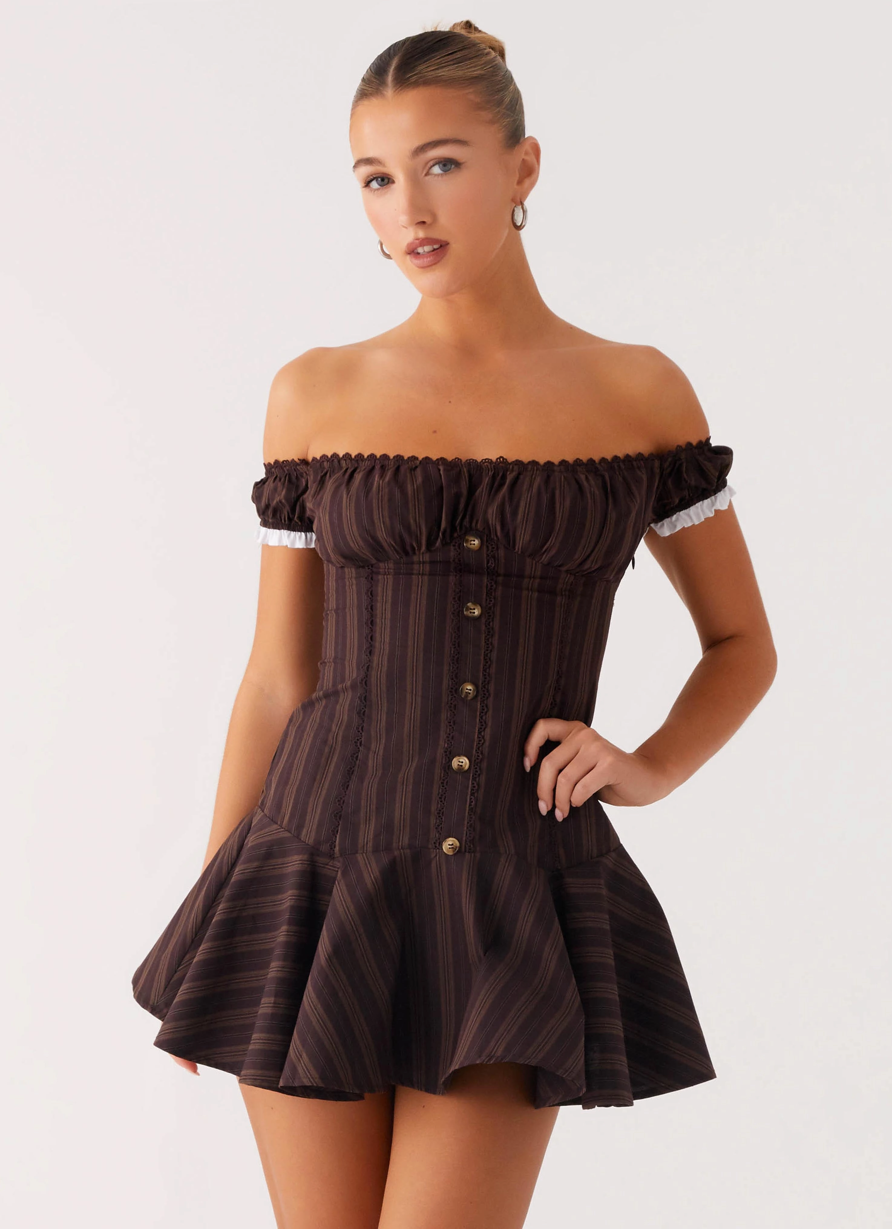 Coastal Chic Jumana Off Shoulder Mini Dress - Toffee Stripe