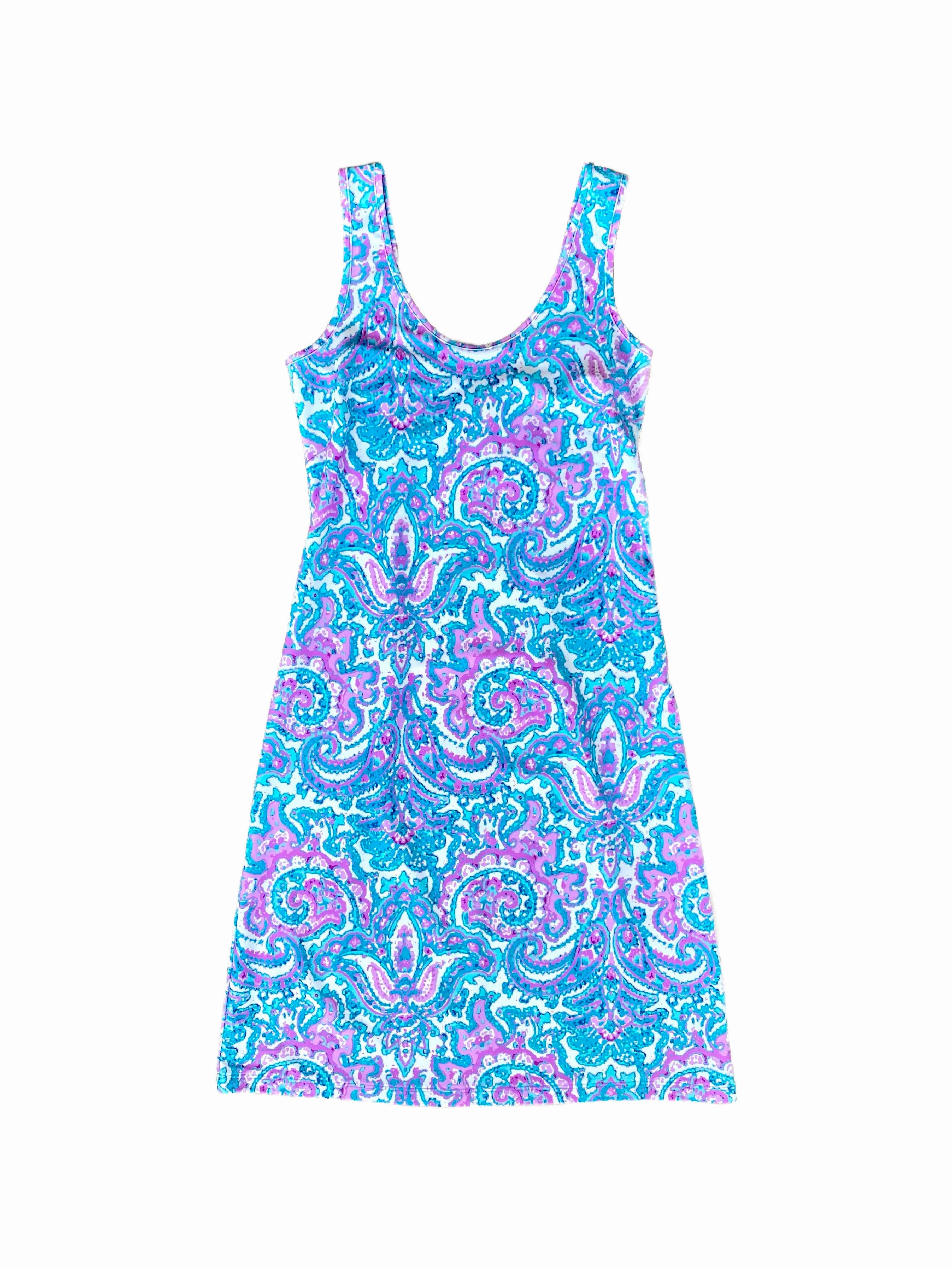 Elastic Fit Long Bali Tank Dress Watercolor Paisley