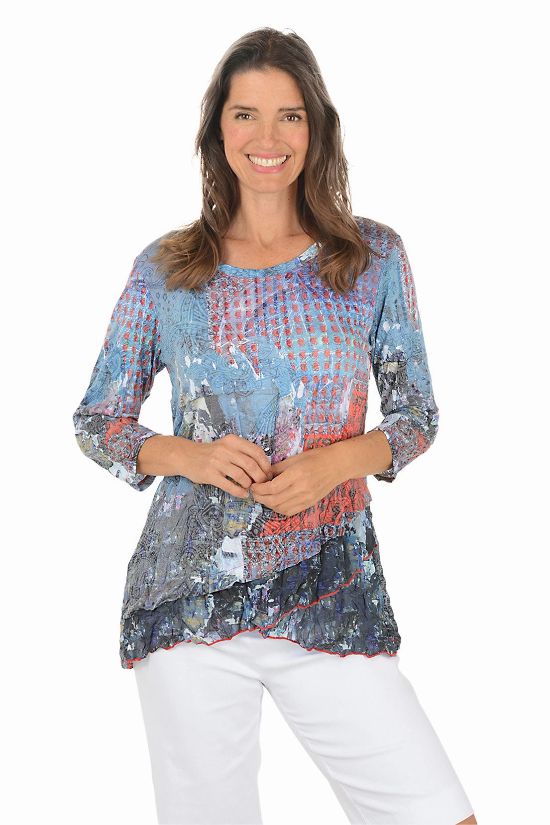 Active Wear Sustainable Textile Magazine Decoupage Crinkle Burnout Layered Hem Top