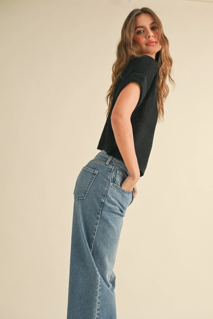 Maggie Cap Sleeve Sweater in Black TemperatureRegulating Fabric