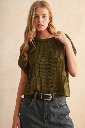 Sustainable Manufacturing Cozy Blouse Maggie Cap Sleeve Sweater in Olive
