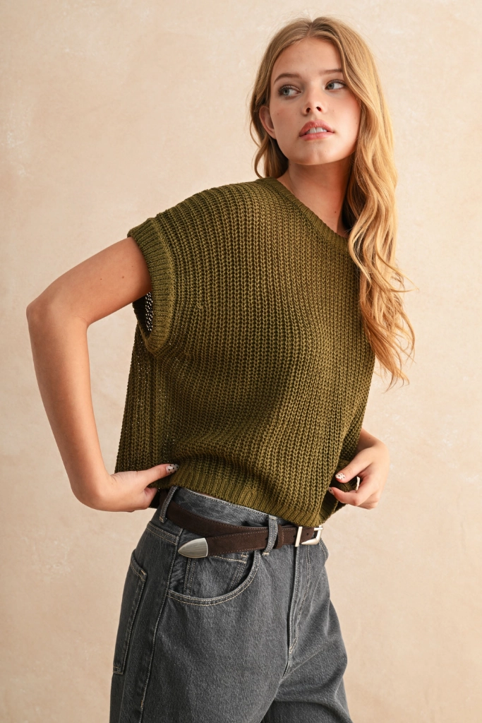Stretch Weave Construction Maggie Cap Sleeve Sweater in Olive