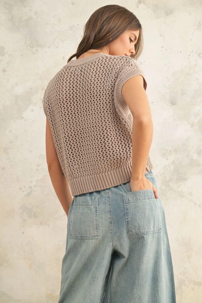 SnagResistant Recycled Polyester Fabric Maggie Crochet Cap Sleeve Sweater
