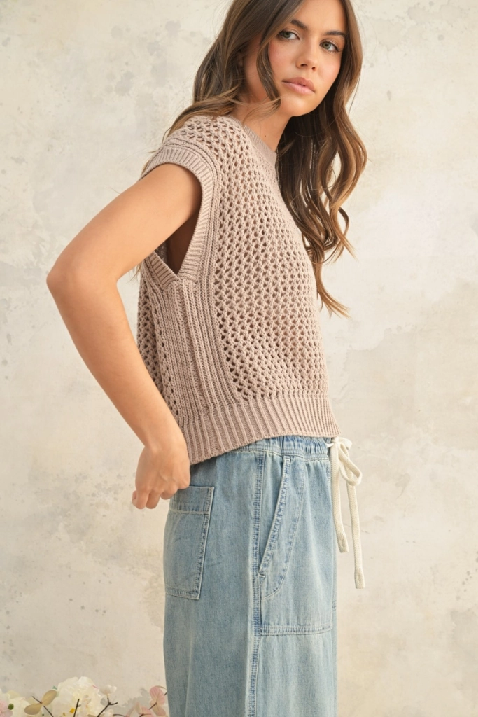 Maggie Crochet Cap Sleeve Sweater Flatlock Seams