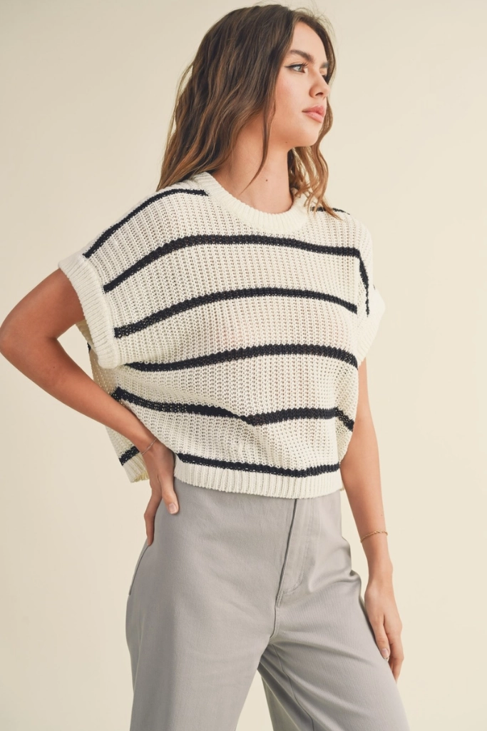 Lightweight Weave All Weather Performance Fabric Maggie Stripe Cap Sleeve Sweater in Black Stripe