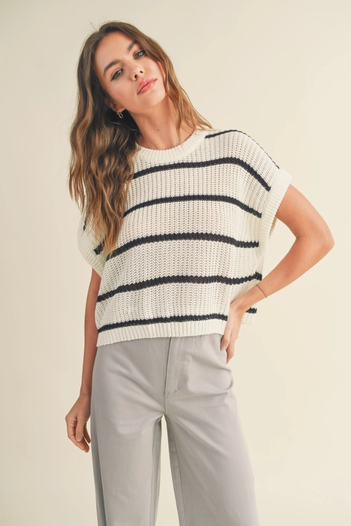 Maggie Stripe Cap Sleeve Sweater in Black Stripe Moisture Wicking Technology WideNeckOpening