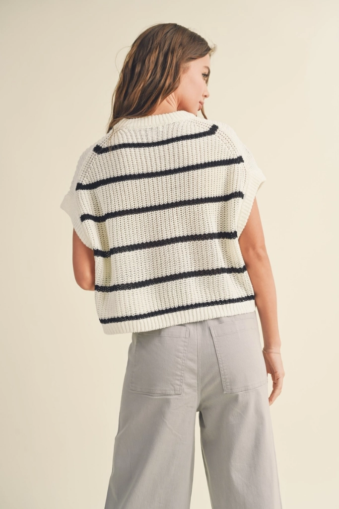 Maggie Stripe Cap Sleeve Sweater in Black Stripe Non Chafing Side Seams WrinkleFree Finish
