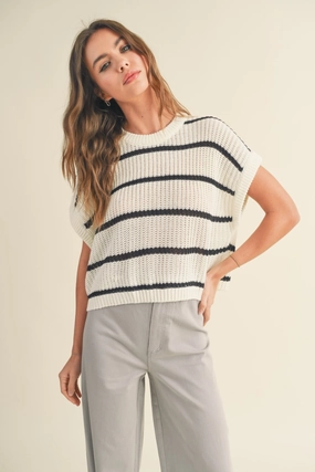 Maggie Stripe Cap Sleeve Sweater in Black Stripe Moisture Wicking Technology WideNeckOpening