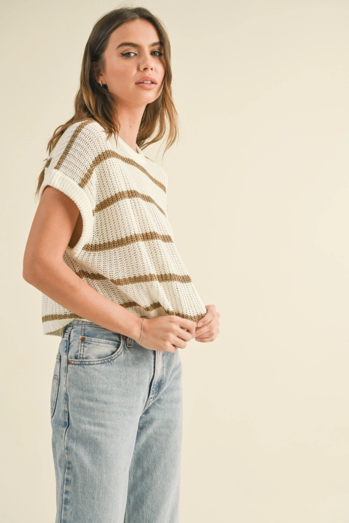 Maggie Stripe Cap Sleeve Sweater in Stone Stripe Comfortable Cut Reflective Trims