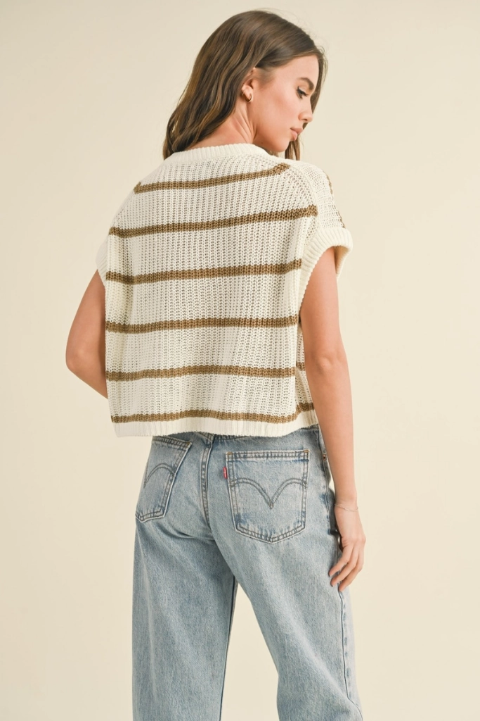 Maggie Stripe Cap Sleeve Sweater in Stone Stripe Layered Ventilation Zones LowProfile Zipper
