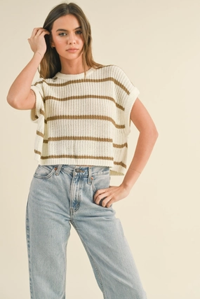 Maggie Stripe Cap Sleeve Sweater in Stone Stripe Ventilated Back Panel