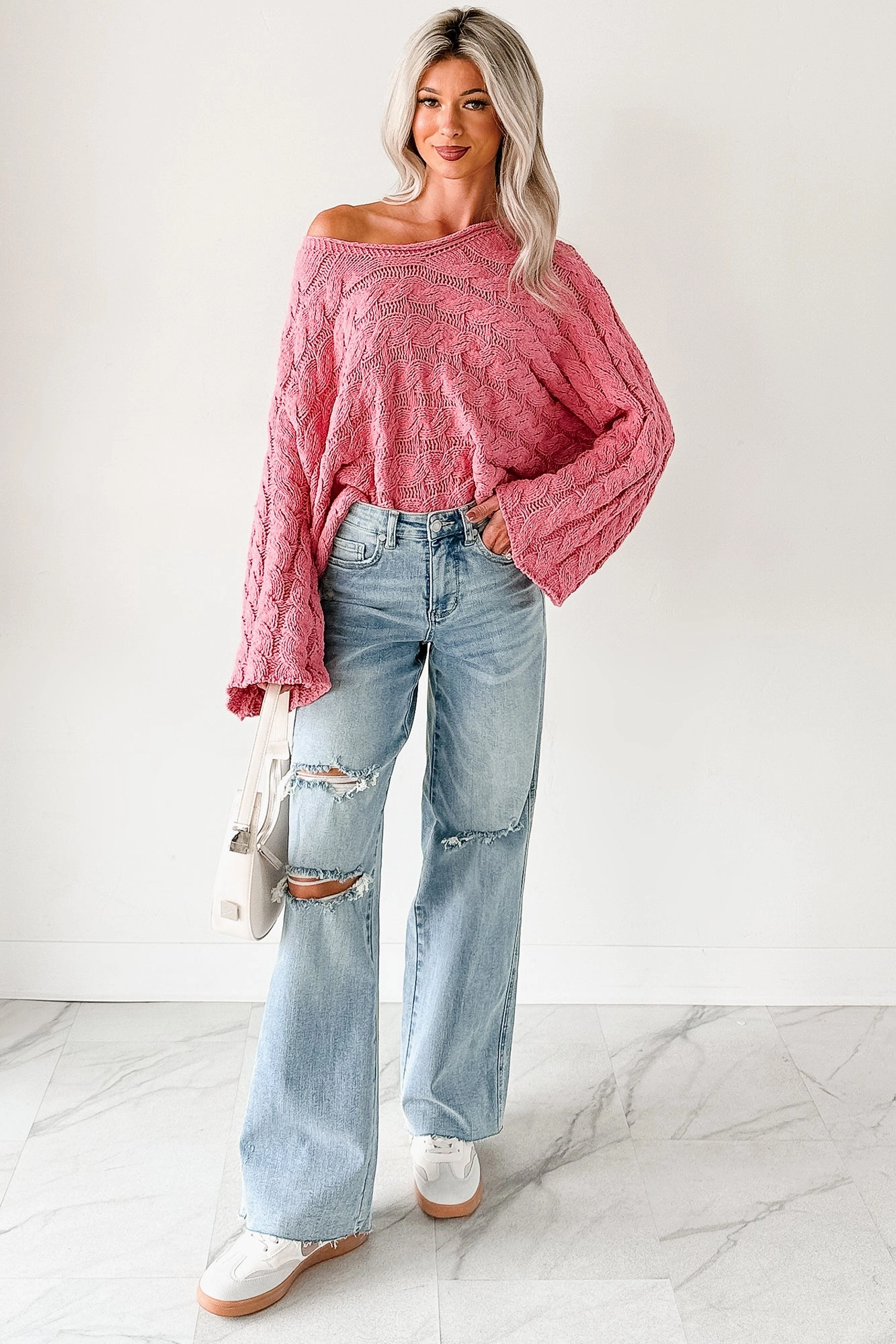 Casual Blouse ReinforcedHem Making My Way Cable Knit POL Sweater (Pink)
