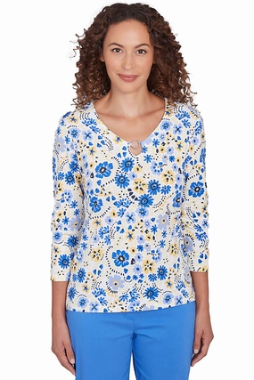 Making Waves Floral Ring Neck Top Wrinkle Resistant