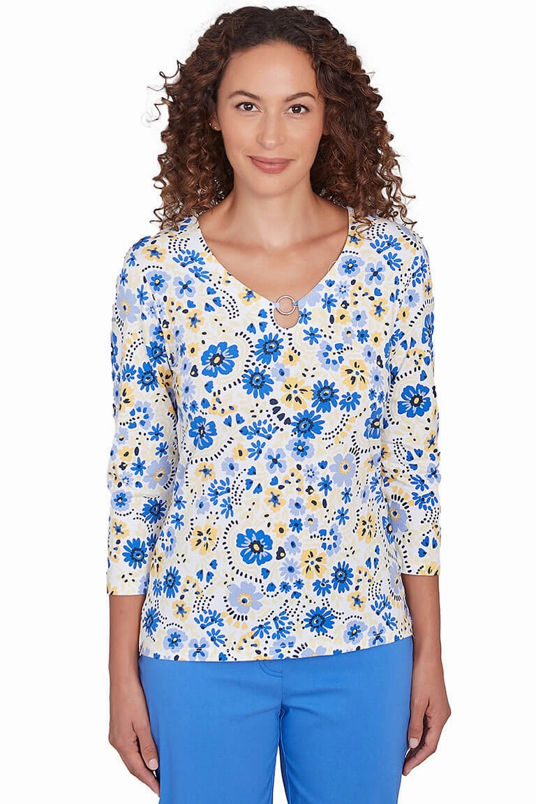 Making Waves Floral Ring Neck Top Unstructured Fit
