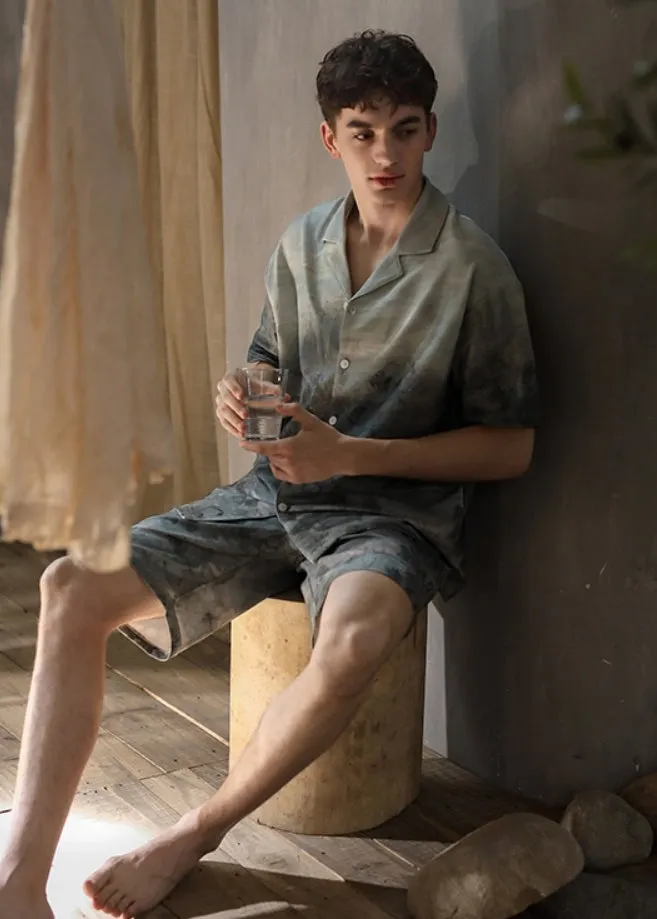 Man Peter Pan Collar Print Button Ice Silk Couple Pajamas Two Pieces Set Short Sleeve LY2824