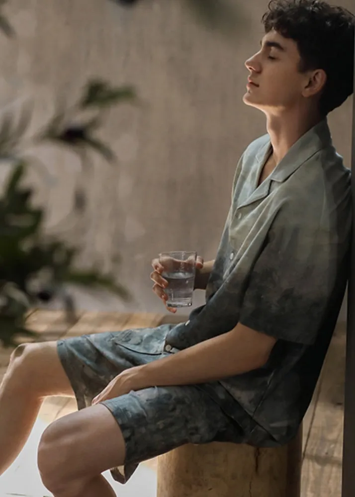 Man Peter Pan Collar Print Button Ice Silk Couple Pajamas Two Pieces Set Short Sleeve LY2824