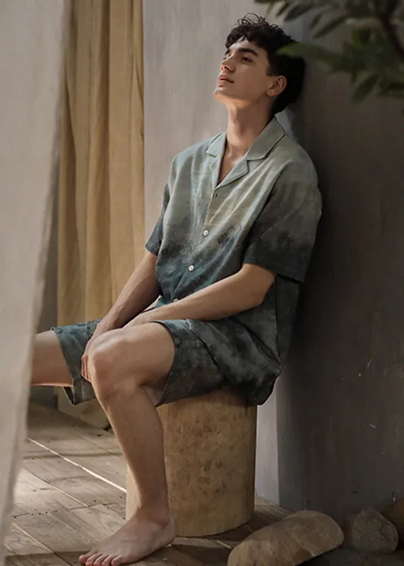 Man Peter Pan Collar Print Button Ice Silk Couple Pajamas Two Pieces Set Short Sleeve LY2824