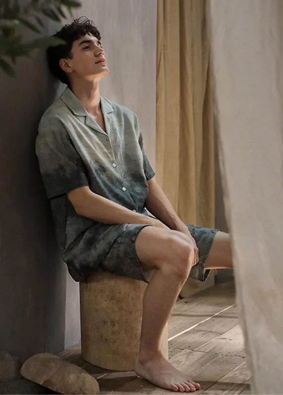 Man Peter Pan Collar Print Button Ice Silk Couple Pajamas Two Pieces Set Short Sleeve LY2824