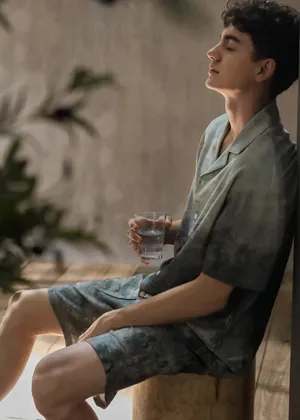 Man Peter Pan Collar Print Button Ice Silk Couple Pajamas Two Pieces Set Short Sleeve LY2824