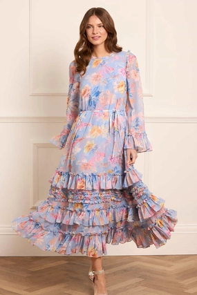 Mariannes Floral Chiffon Round Neck Ankle Gown Curve Friendly