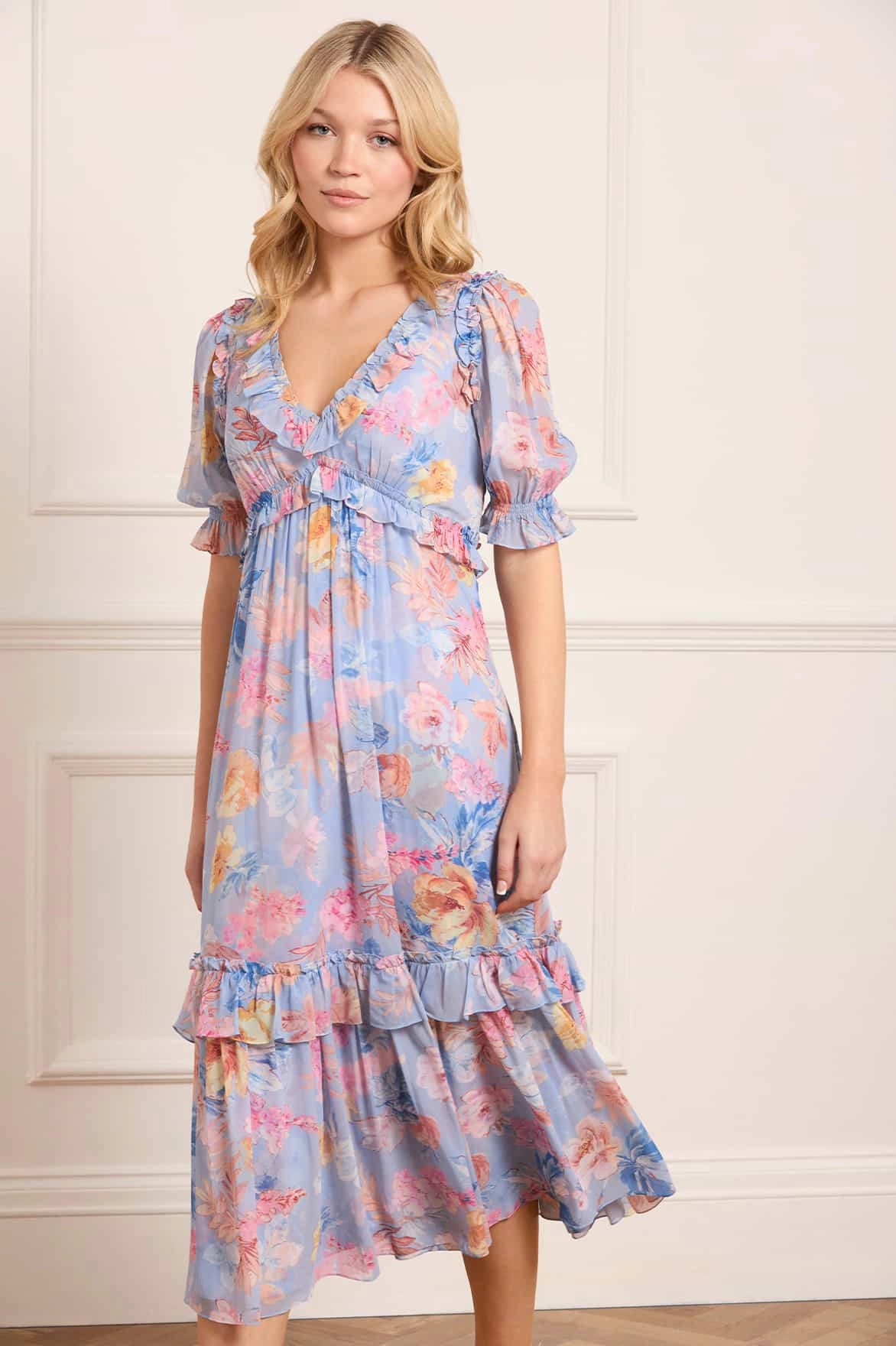 Mariannes Floral Chiffon Short Sleeve Ballerina Dress Flexible Cut