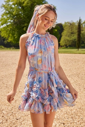 Outfit Boost Mariannes Floral Chiffon Sleeveless Micro Mini Dress