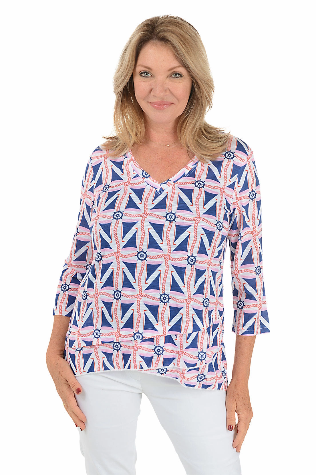 Rolled Hem Finish Reversible Layering Tech Maritime Motif Criss Cross Tunic
