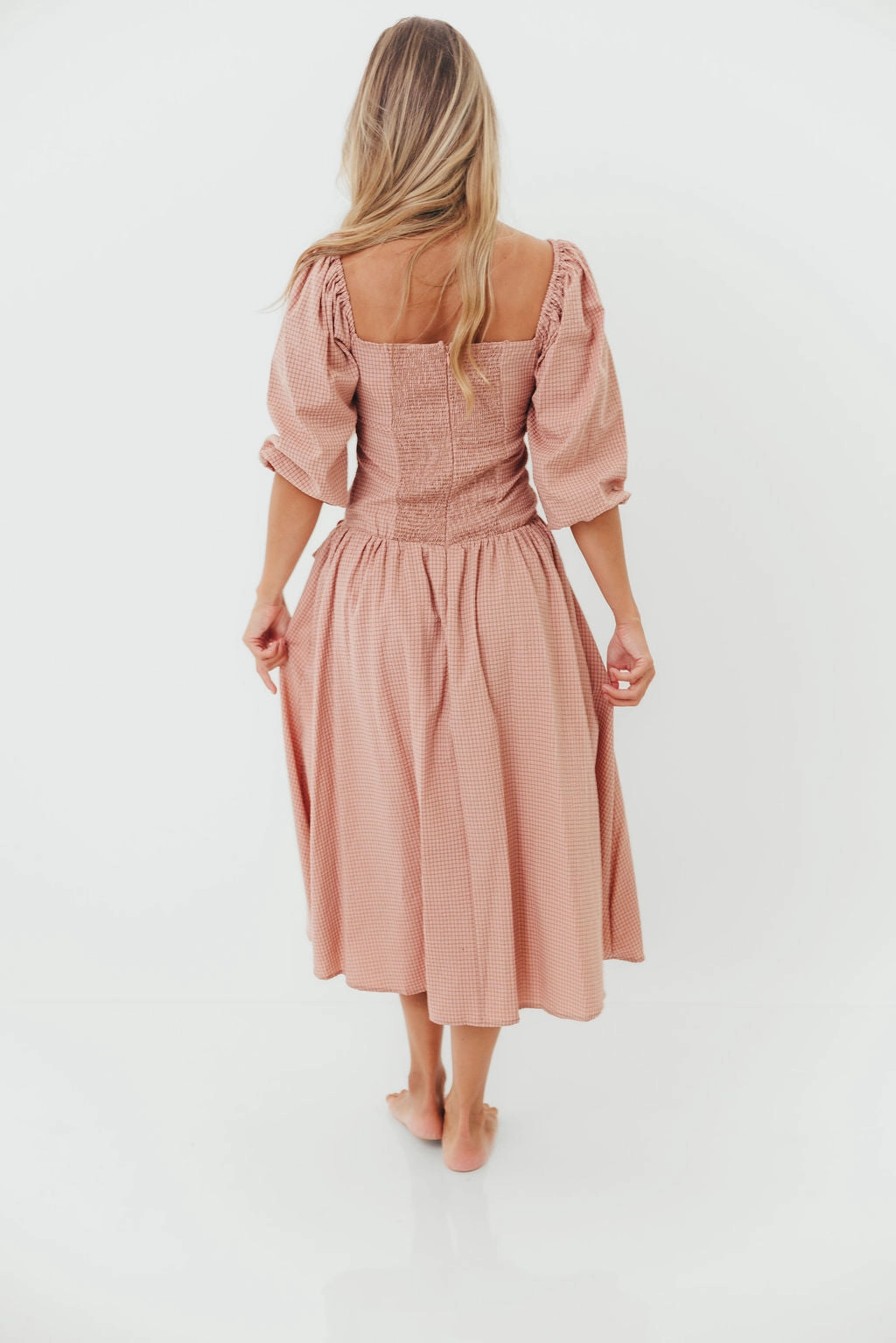 Marla Bow Detail Midi Dress in Dust Pink Limited-Edition Side Pleats