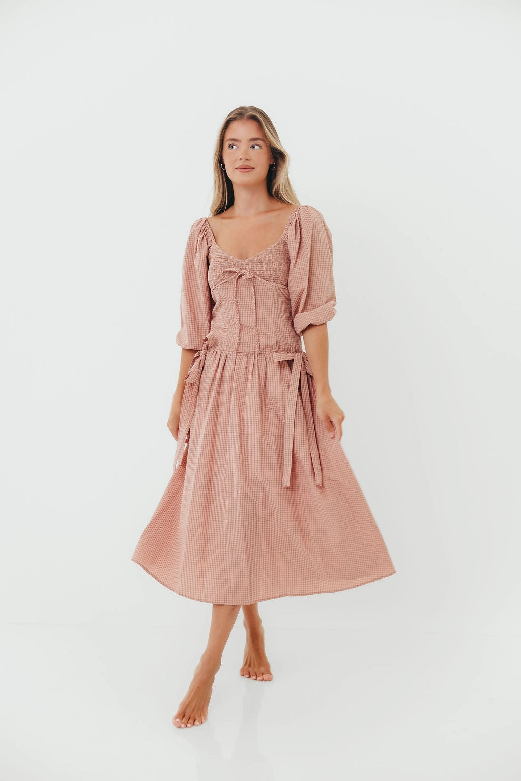 Chilly Weather Layer Essential Layer Marla Bow Detail Midi Dress in Dust Pink