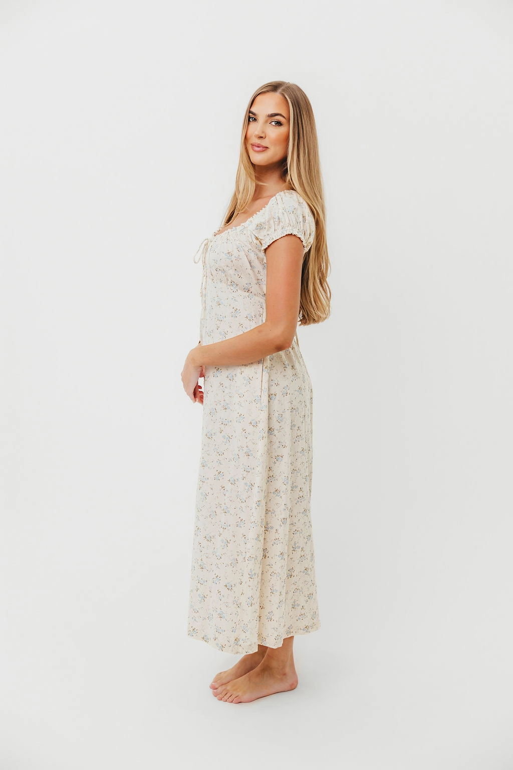 Neutral-Shade Marley 100% Cotton Midi Dress in Ivory/Blue Floral -Bump Friendly