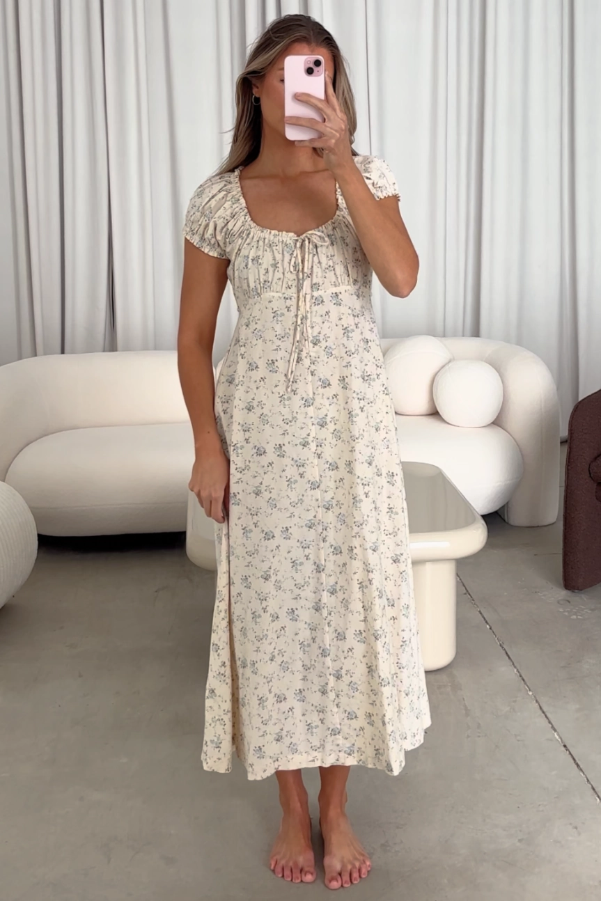 Marley 100% Cotton Midi Dress in Ivory/Blue Floral -Bump Friendly Smooth Mood