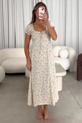 Marley 100% Cotton Midi Dress in Ivory/Blue Floral -Bump Friendly Smooth Mood