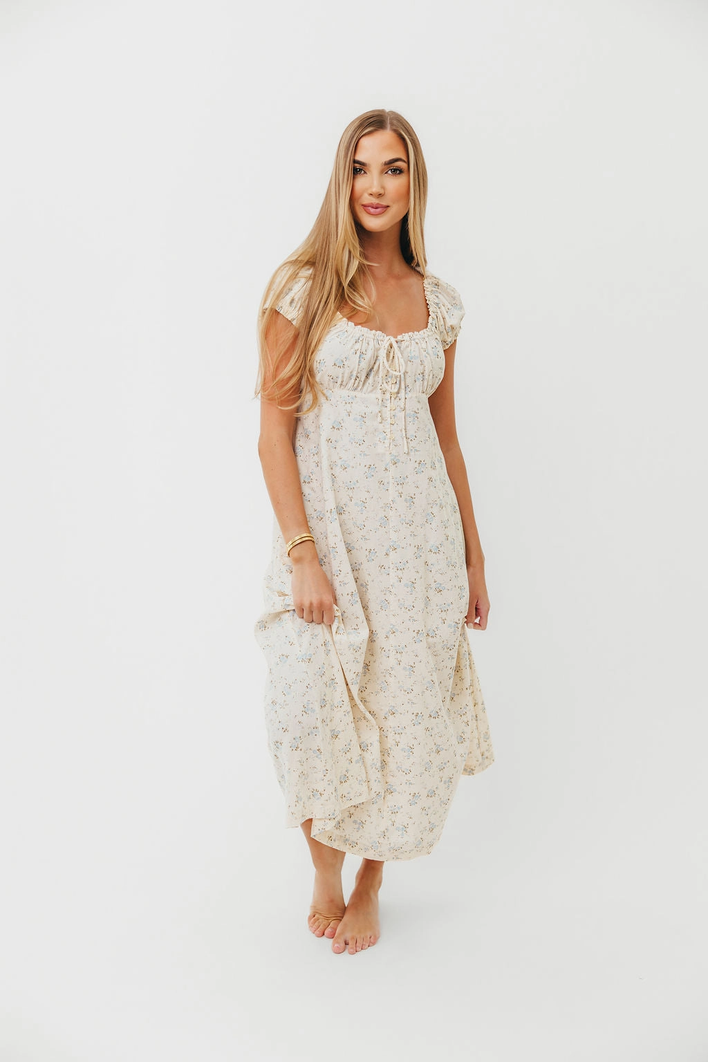 Spring Mood Marley 100% Cotton Midi Dress in Ivory/Blue Floral -Bump Friendly
