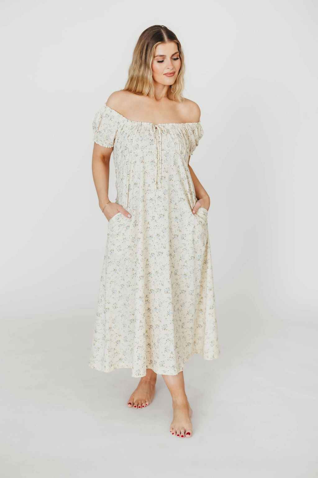 Comfy Fit Wear Marley 100% Cotton Midi Dress in Ivory/Blue Floral -Bump Friendly