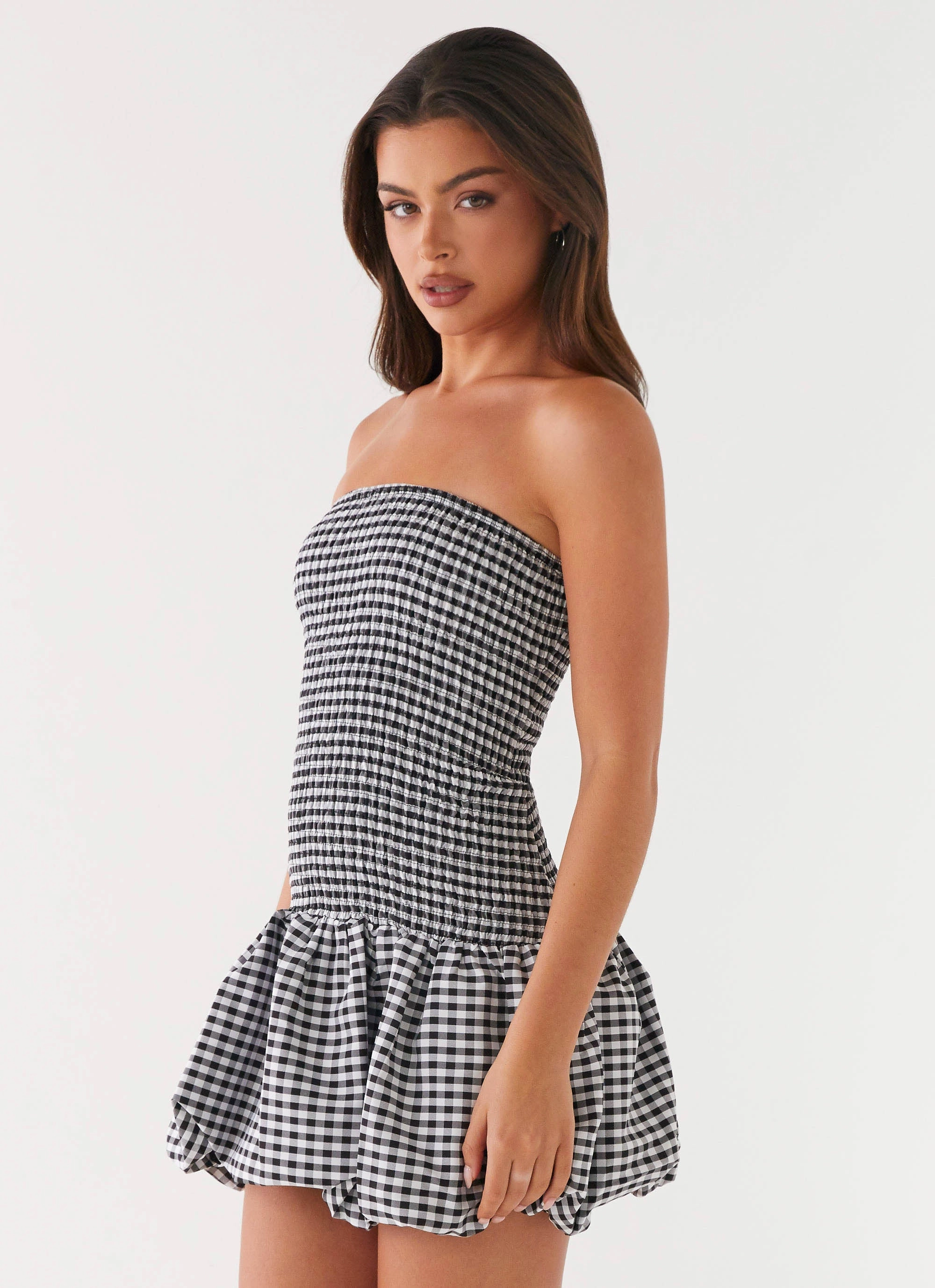 Shirred-Detail All-day Comfort Martell Mini Dress - Black Gingham
