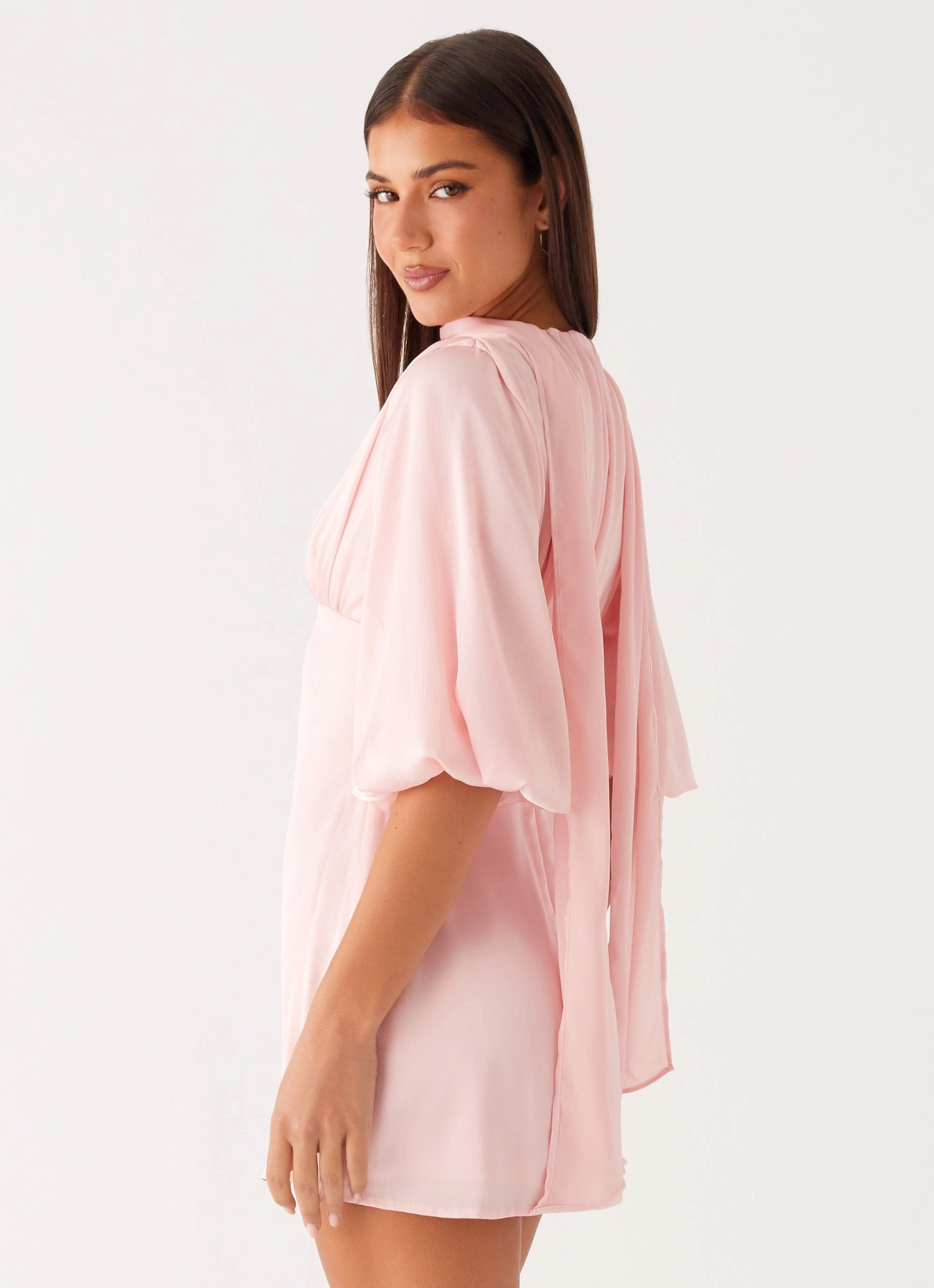 Romantic dinner wear Cinched-Waist Mary Mini Dress - Pink