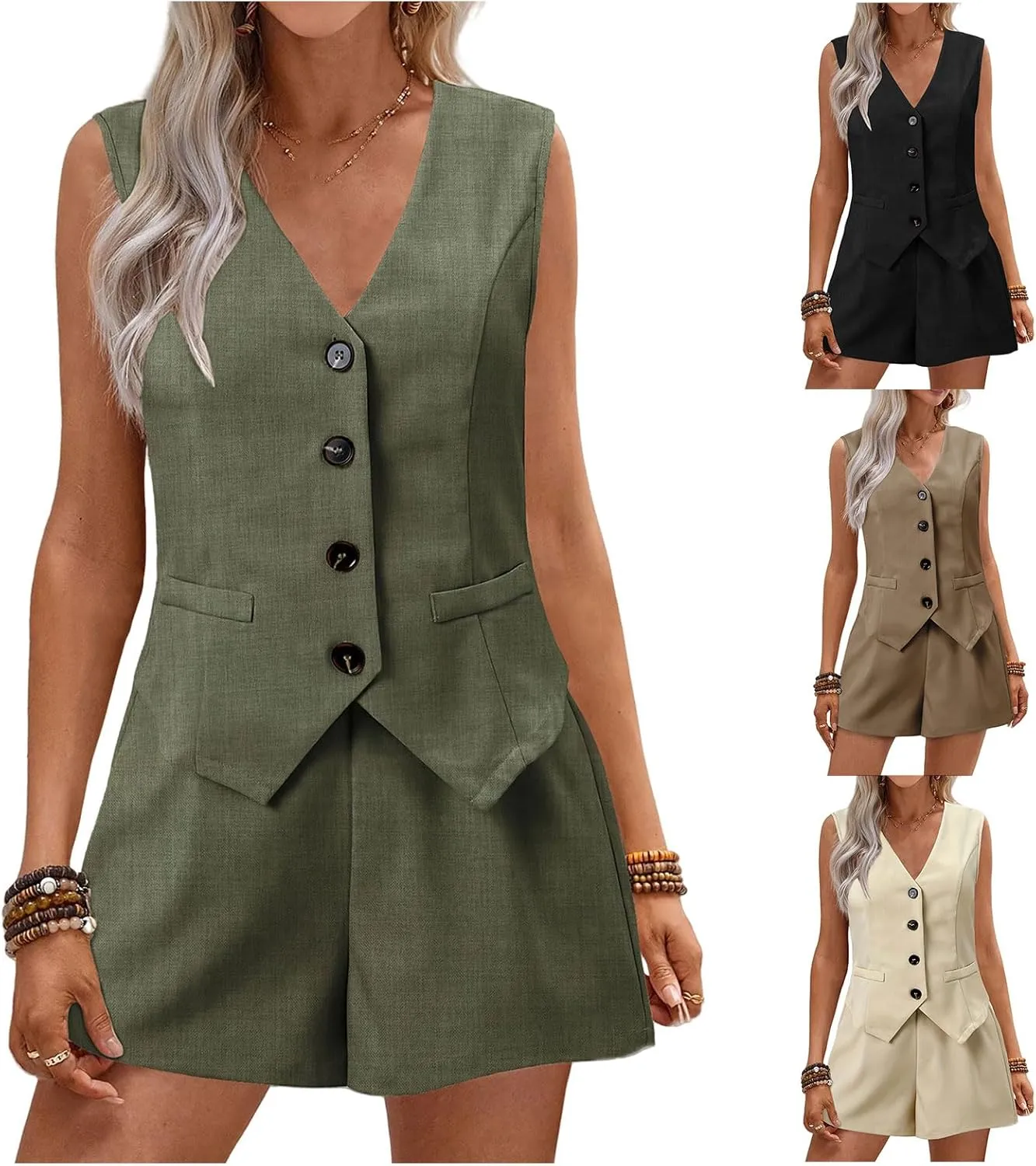 Matching Sets Womens 2 Piece Outfits Button Down V Neck Vest Shorts Business Casual Dressy 2 Piece Clothes with Pockets