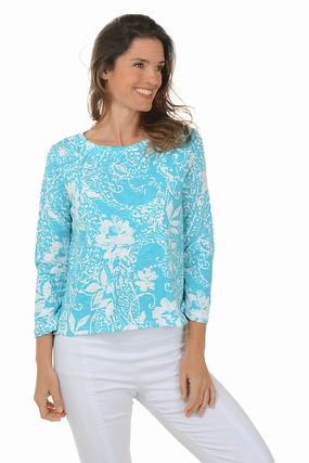 SoftFeel Fabric Sheer Overlay Material Maui Paisley Scroll 3/4 Sleeve Knit Top