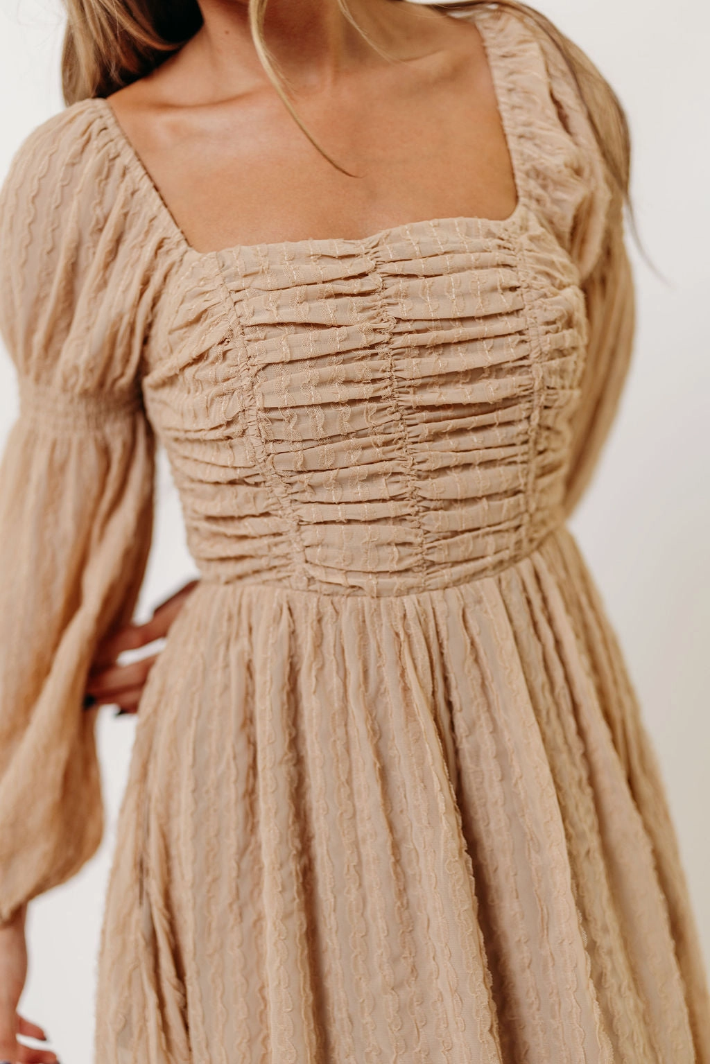 Fashionable And Functional Chilly Day Wear Maxine Ruched Chiffon Maxi Dress in Taupe