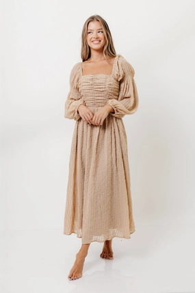 Feminine Comfort Relax Feel Maxine Ruched Chiffon Maxi Dress in Taupe