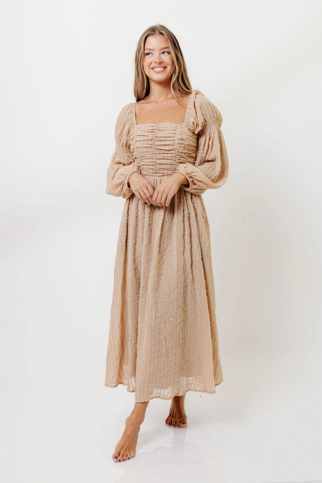 Feminine Comfort Relax Feel Maxine Ruched Chiffon Maxi Dress in Taupe
